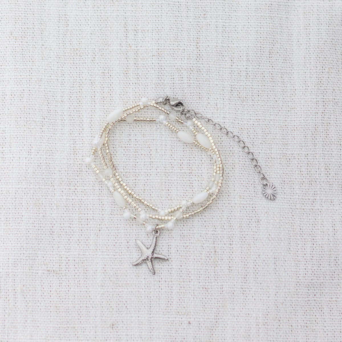 Intuitive Charms Selene's Song Moonstone natural Crystal beaded custom necklace in silver and clasp extension on a light fabric background wrapped version
