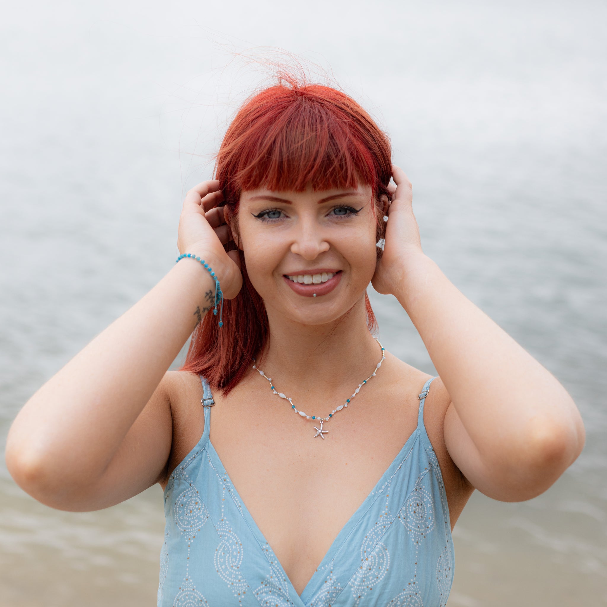 Intuitive Charms Delphina's Song Apatite Braided natural Crystal beaded custom necklace in silver on a lmodel with apatite bracelet