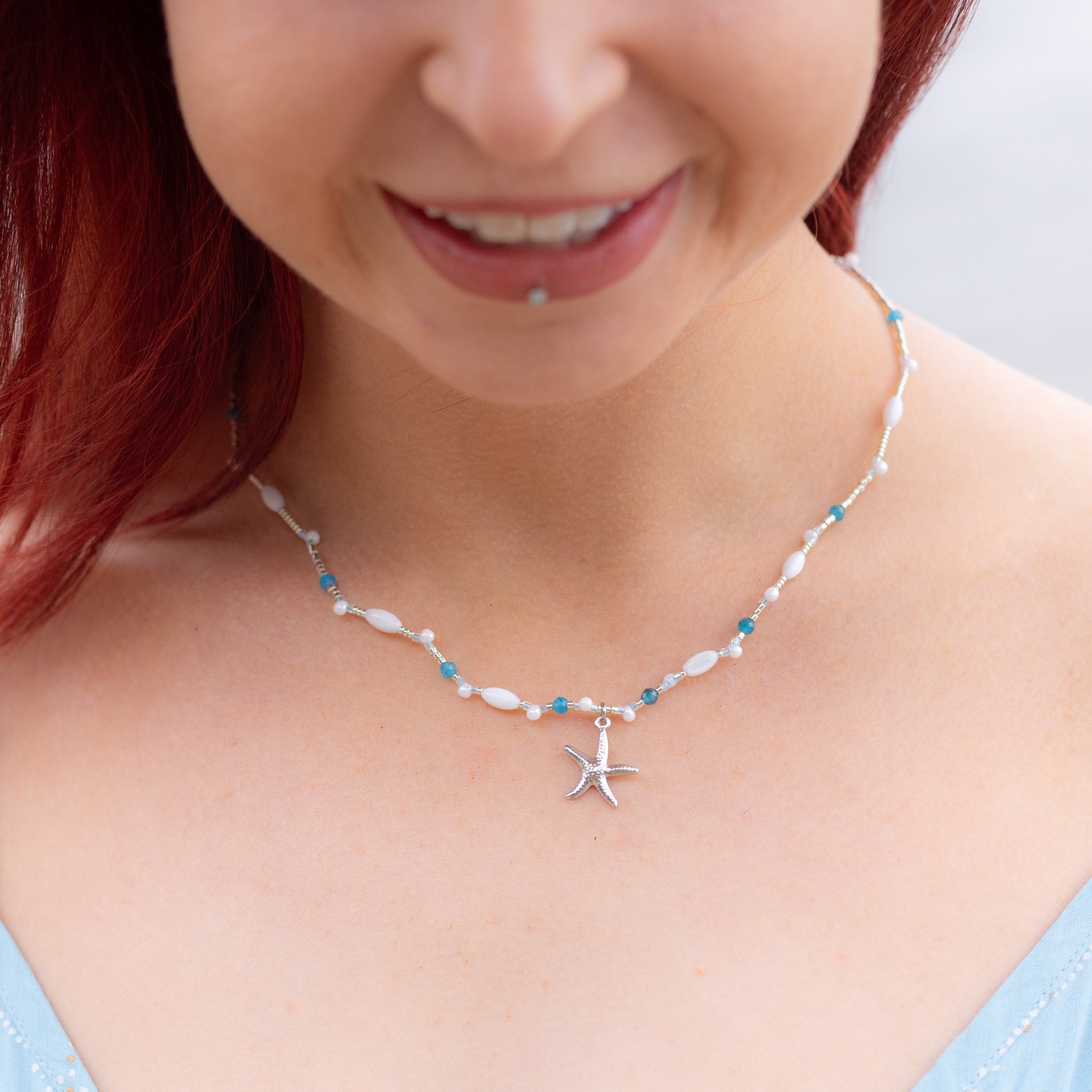 Intuitive Charms Delphina's Song Apatite Braided natural Crystal beaded custom necklace in silver on a model zoom front on