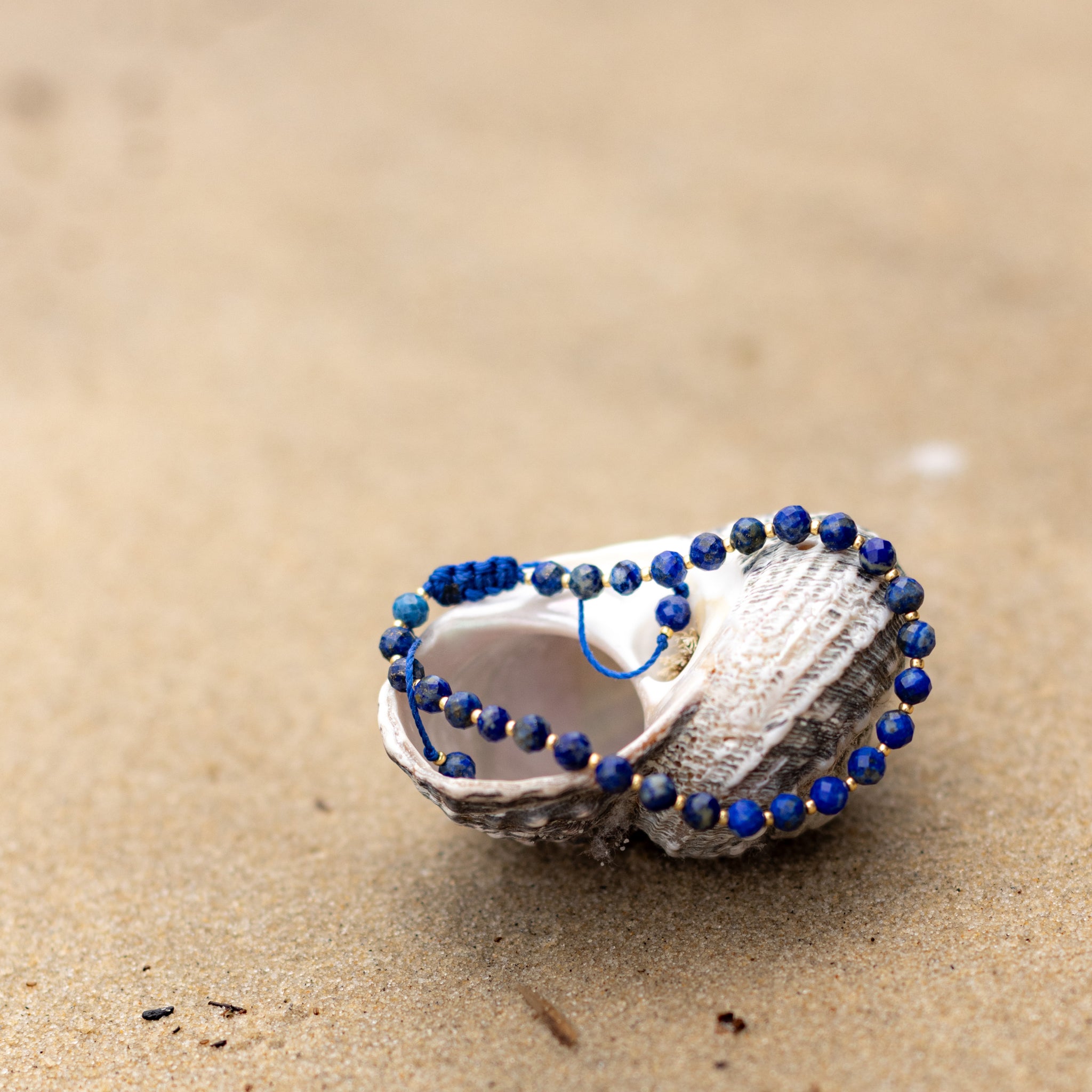 Intuitive Charms Amphitrite's Glow Lapis Lazuli Braided natural Crystal beaded custom Bracelet in gold and deep blue cord on a shell